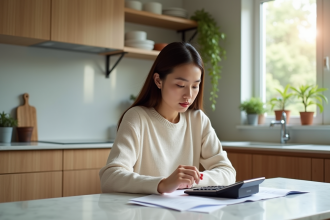 Jeune femme en cuisine examinant ses livrets d'épargne