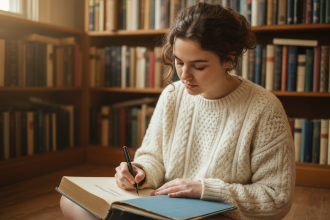 Jeune femme écrivant son nom dans un livre ancien