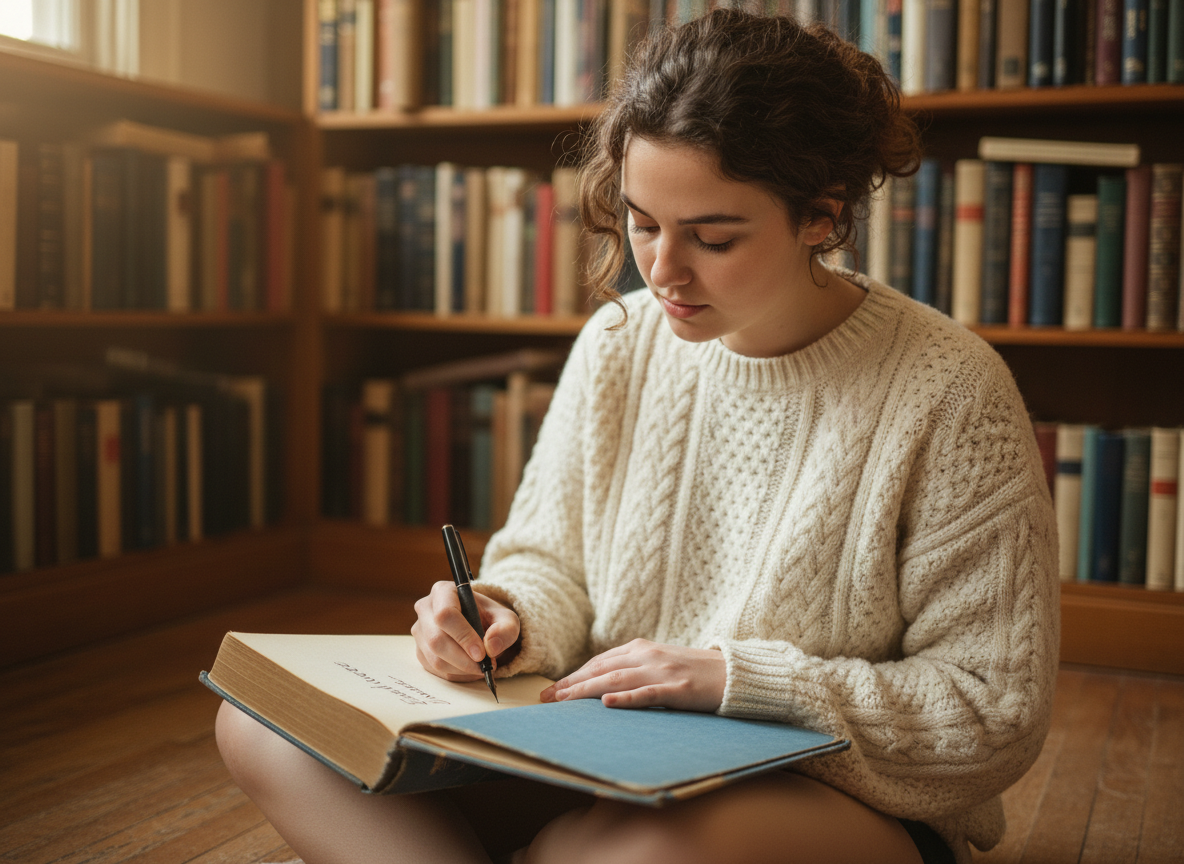 Jeune femme écrivant son nom dans un livre ancien