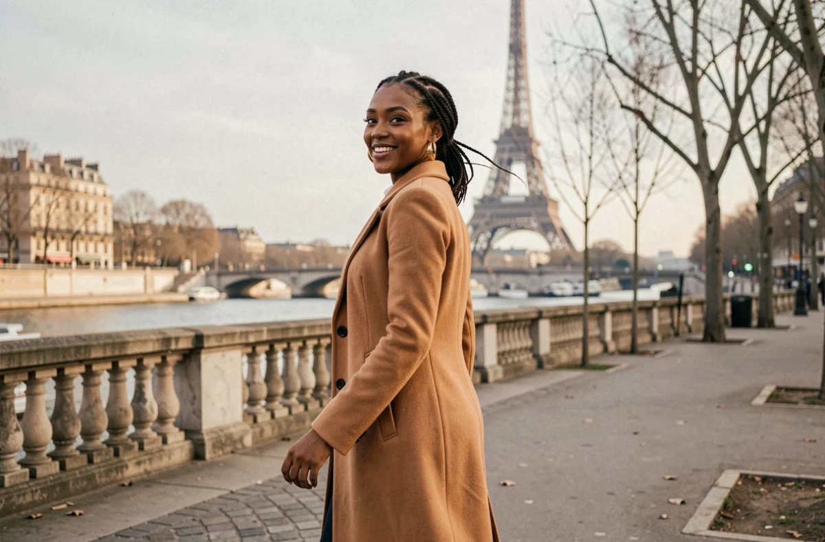 Femme élégante en manteau camel se promenant le long de la Seine avec la Tour Eiffel en arrière-plan