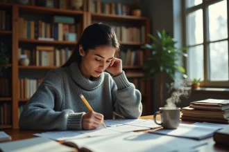 Femme concentrée résolvant une énigme logique difficile à son bureau, entraînement cérébral par les puzzles