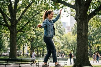 Femme en extérieur sur slackline dans un parc urbain