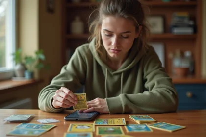 Jeune femme examinant des cartes Pokémon à une table en bois avec une application d'évaluation sur smartphone pour préparer une vente en brocante
