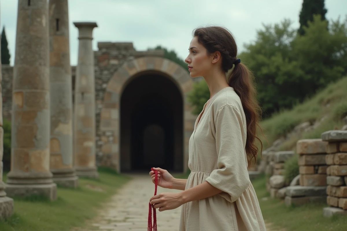 Jeune femme tenant un fil d'Ariane rouge dans des ruines grecques antiques évoquant le mythe du labyrinthe