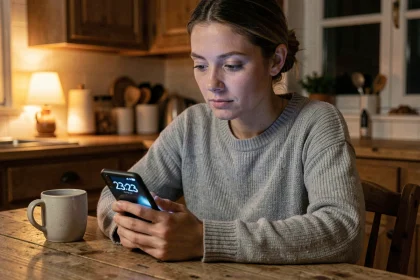 Femme contemplative regardant son téléphone affichant 23h23, symbolisant l'heure miroir et son influence sur les émotions et les choix personnels