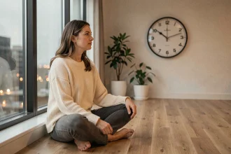Femme contemplant une horloge affichant 23h23 dans un appartement minimaliste, symbolisant la signification spirituelle de cette heure miroir