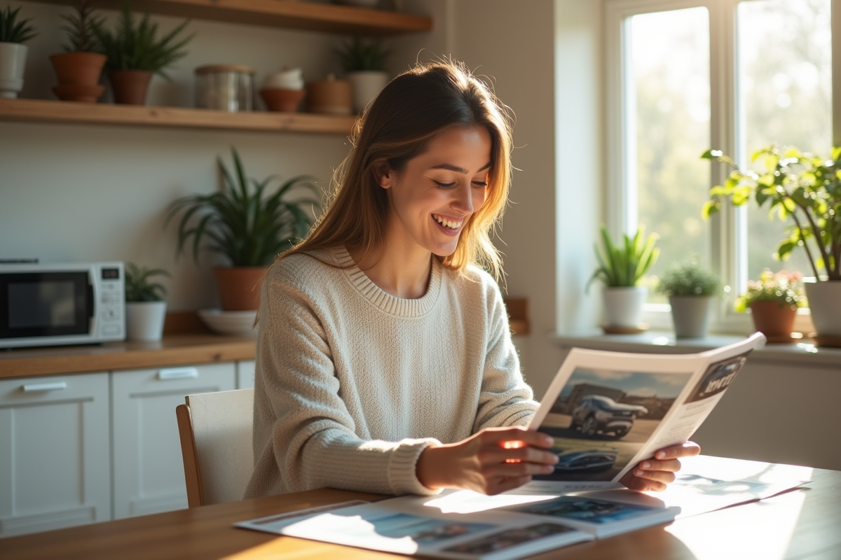 Femme comparant brochures de voitures hybrides à la maison