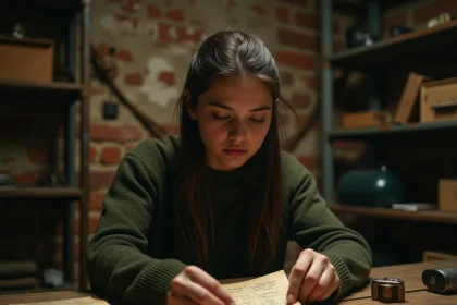 Jeune femme analysant des indices dans une salle d'évasion style archives avec cadenas et notes manuscrites