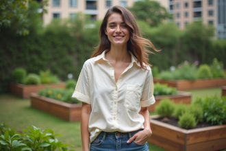 Jeune femme dans un jardin urbain écologique