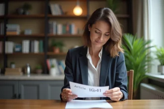 Femme française lit un document Article 1641 à la maison