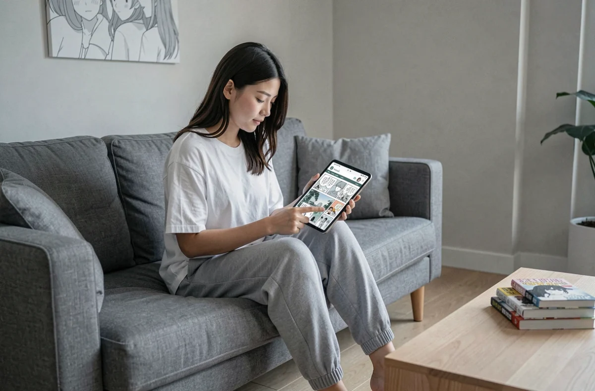 Jeune femme consultant un site de lecture de manga One Punch Man en VF sur une tablette dans son salon