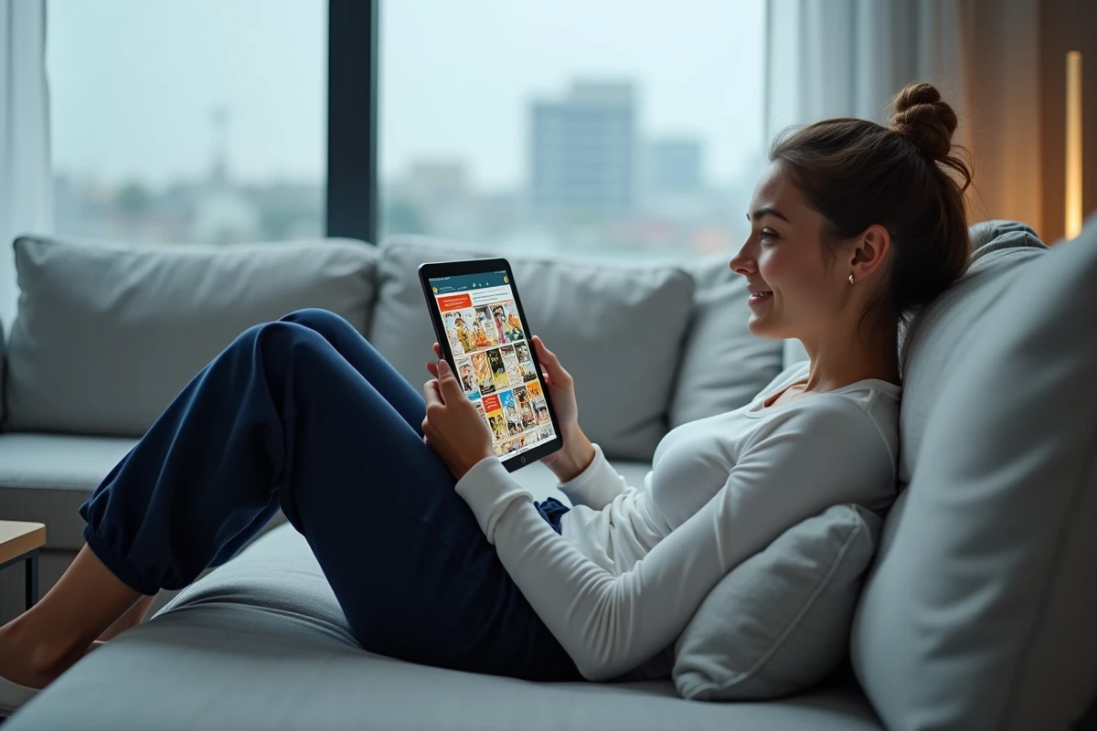 Jeune femme lisant des scans manga en français sur une tablette allongée dans un salon moderne