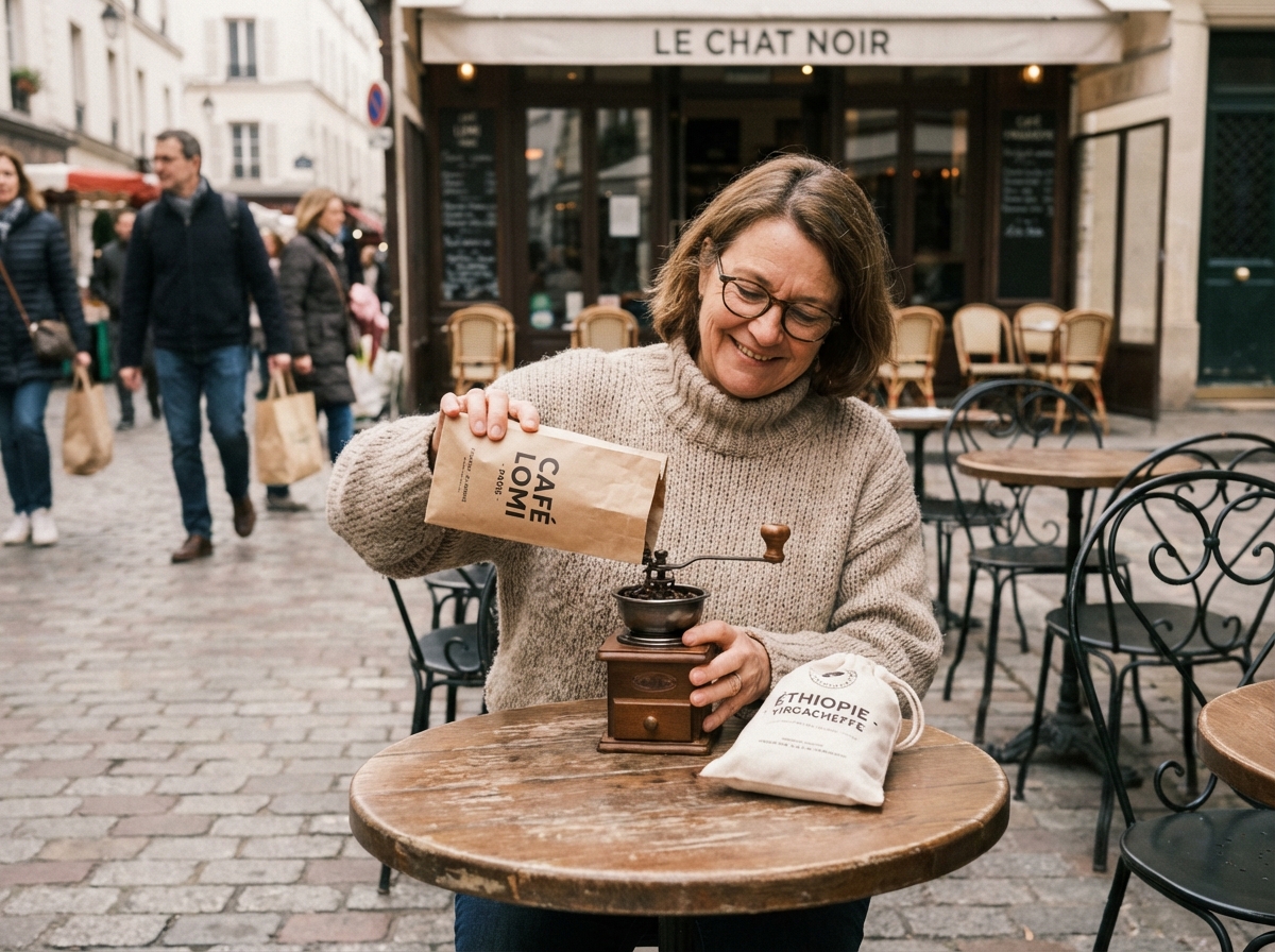 Femme moud du cafe dans un cafe charmant