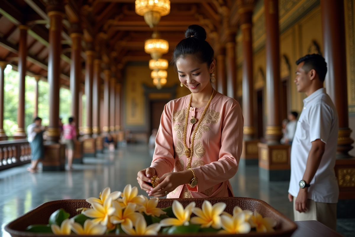 Jeune femme balinaise préparant une offrande dans le palais