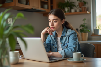 Jeune femme en denim compare des devis d'assurance à la maison