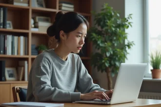 Jeune femme préoccupée devant un ordinateur portable consultant des informations juridiques sur les propos discriminatoires en ligne