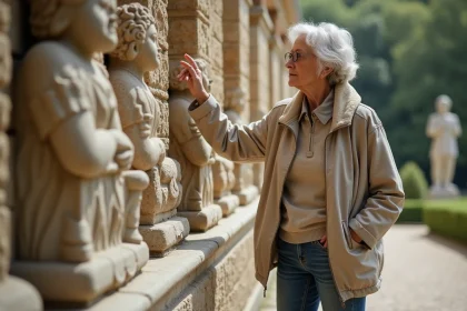 Femme en tenue printaniere devant le Palais Idéal