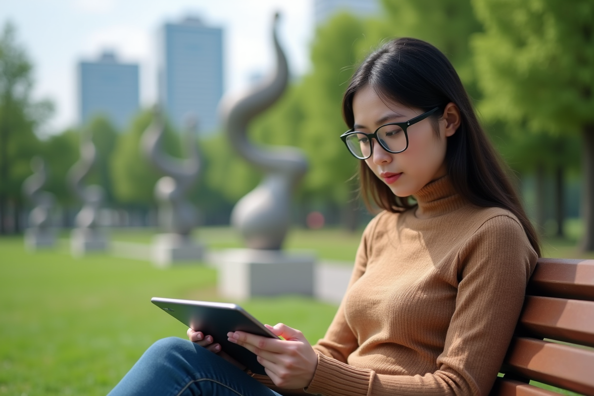 Jeune femme dans un parc utilisant une tablette avec interface AI