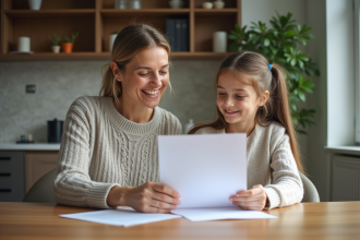 Mère et fille examinant une police d'assurance à la maison
