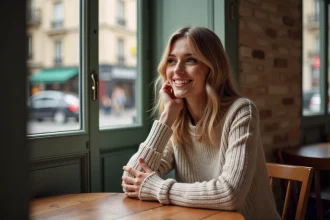 Femme française souriante dans un café parisien