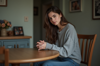 Jeune femme pensive assise à la cuisine
