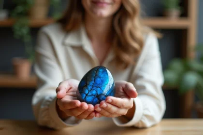 Femme tenant une pierre bleue dans sa main, symbole de la pierre bleue en amour et de ses propriétés spirituelles