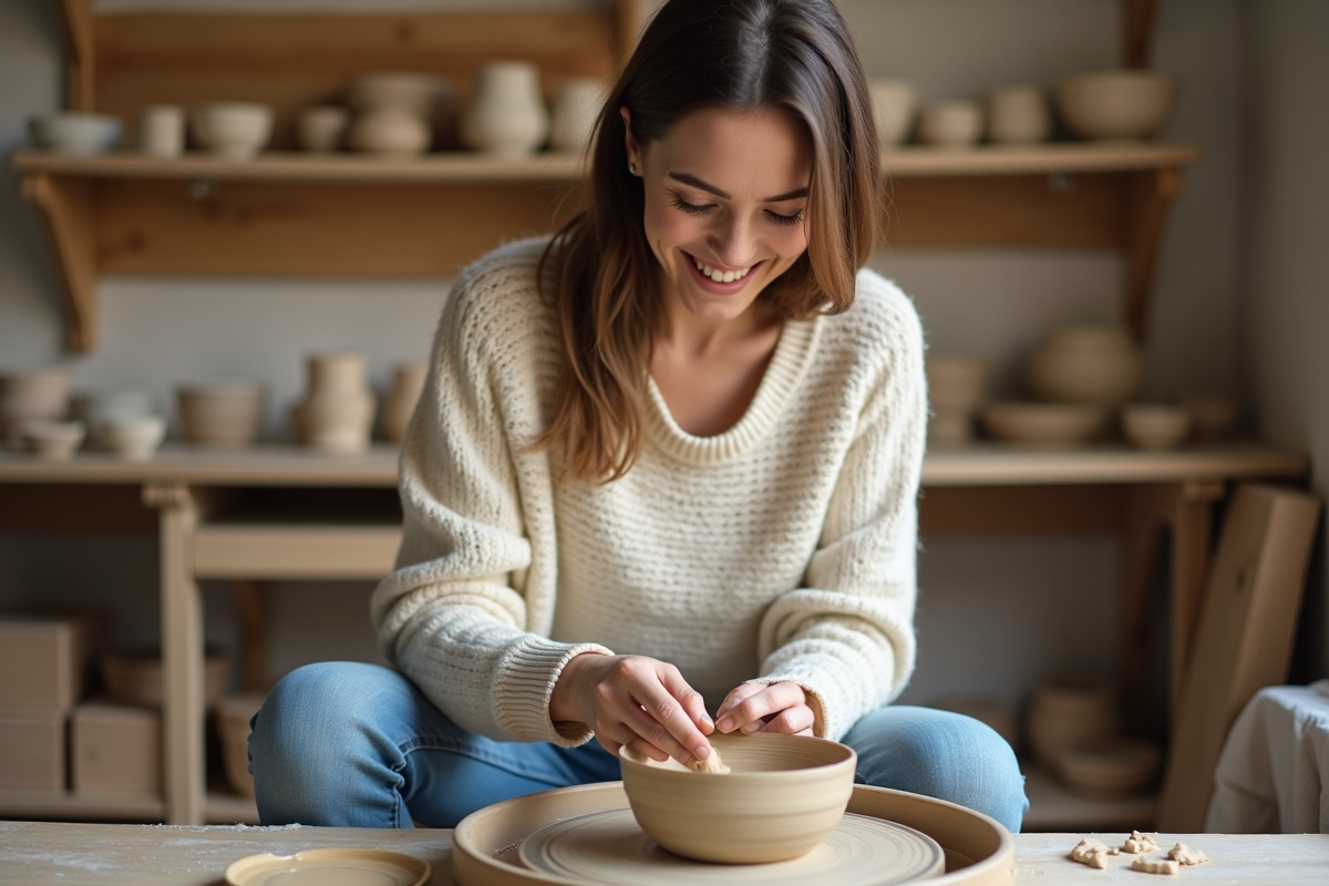 Femme façonnant de l'argile sur un tour de potier