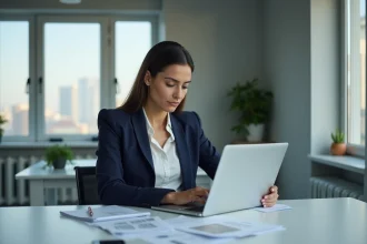 Femme professionnelle nord-africaine consultant des documents dans un bureau moderne, illustrant une recherche sur une personnalité publique