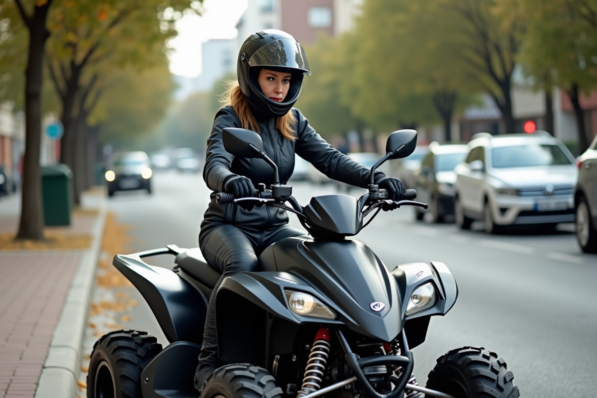 Femme en équipement prêt à monter un quad en ville