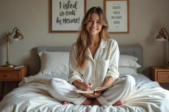 Jeune femme en pyjamas écrivant dans un journal dans un lit cosy