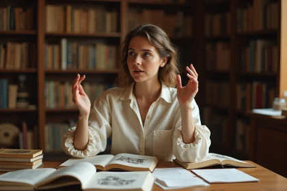 Jeune femme racontant le mythe du labyrinthe et du Minotaure à l'oral, entourée de livres de mythologie grecque