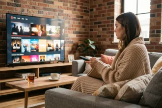Jeune femme regardant une série espagnole Netflix sur son canapé en 2026, ambiance cosy et moderne