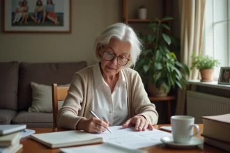 Femme âgée remplissant papiers de retraite dans un salon chaleureux