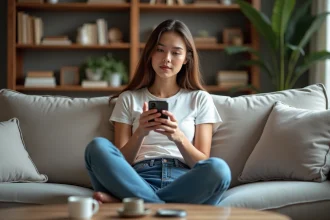 Jeune femme assise sur un canapé avec smartphone en main