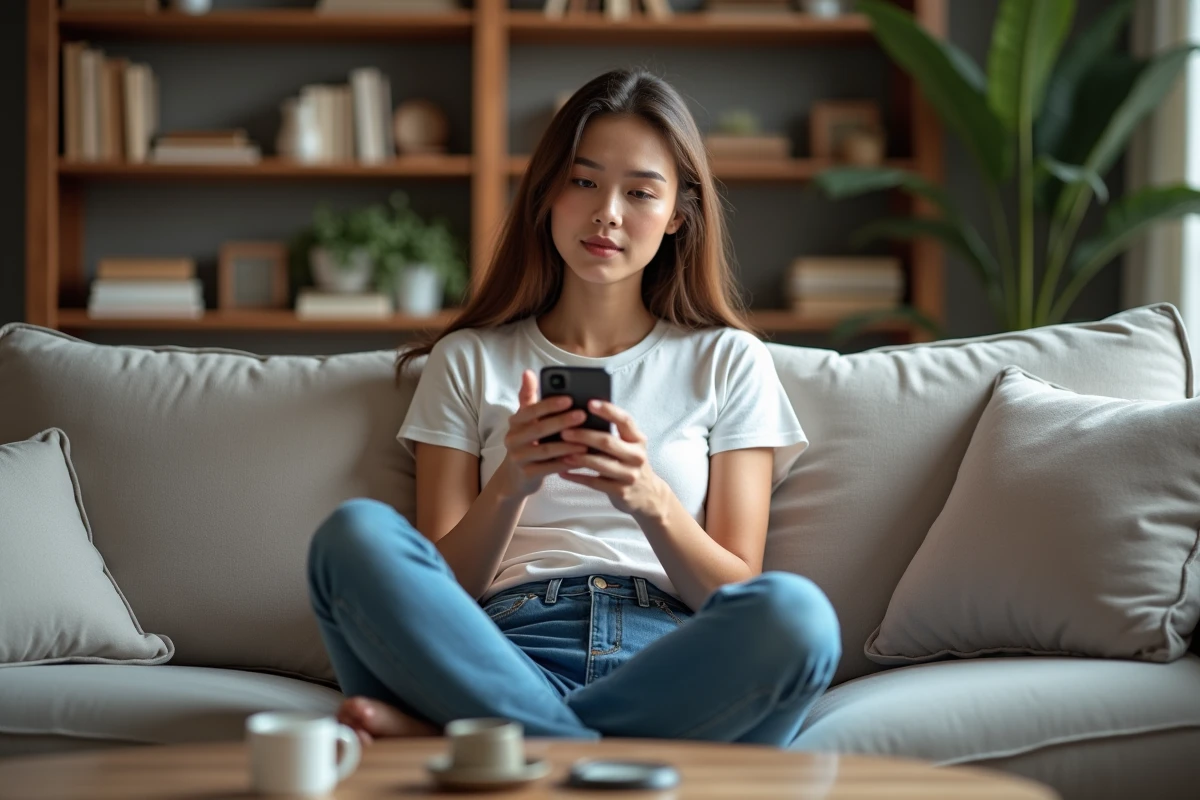 Jeune femme assise sur un canapé avec smartphone en main