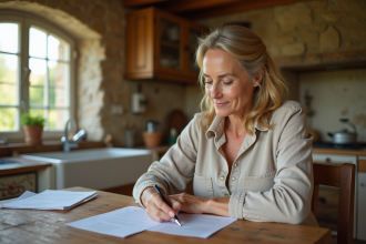 Femme française signant des papiers dans une cuisine ensoleillee
