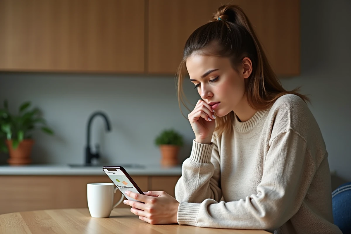 Femme assise à la cuisine examine son smartphone