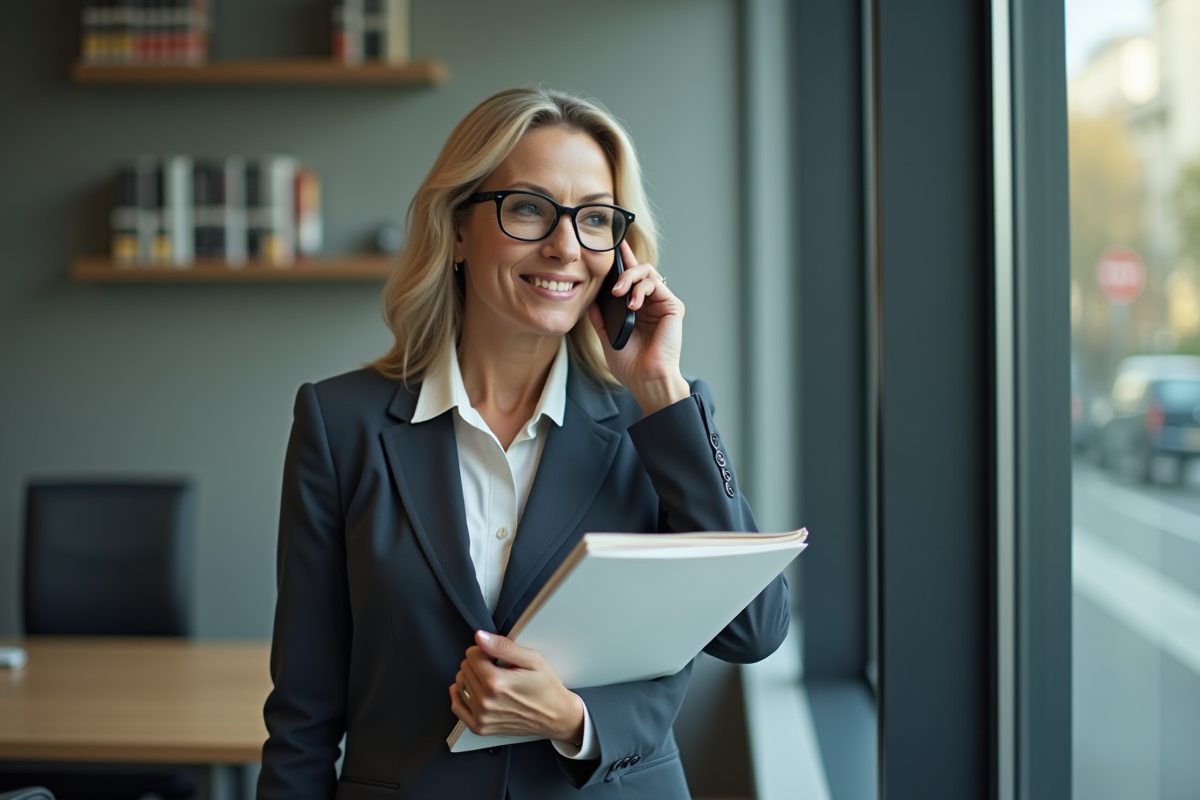 Femme d affaires parlant au téléphone près d une fenêtre urbaine