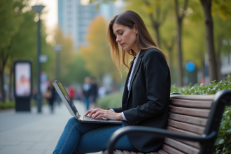 Femme réfléchie travaillant en ville avec ordinateur portable