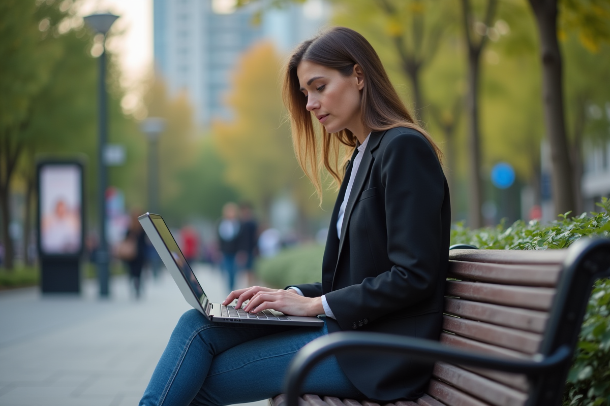 Femme réfléchie travaillant en ville avec ordinateur portable