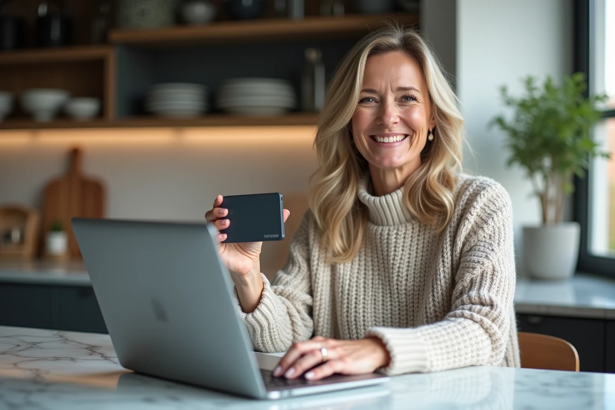 Femme souriante manipulant un SSD sur une table de cuisine