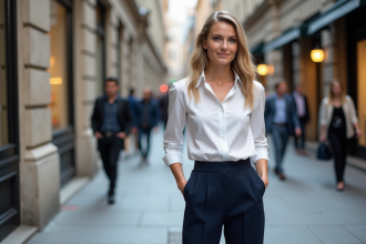 Femme élégante en ville portant un pantalon navy