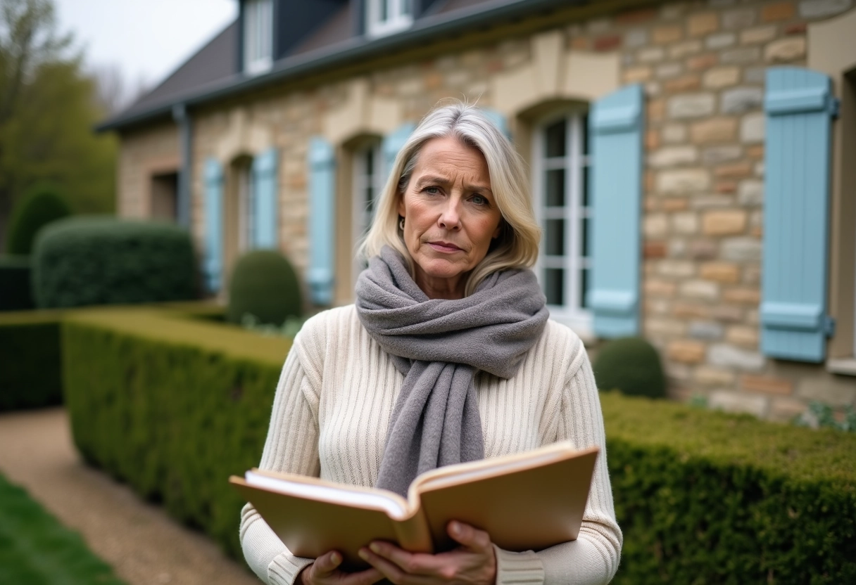 Femme vérifiant ses documents fiscaux devant une maison de campagne