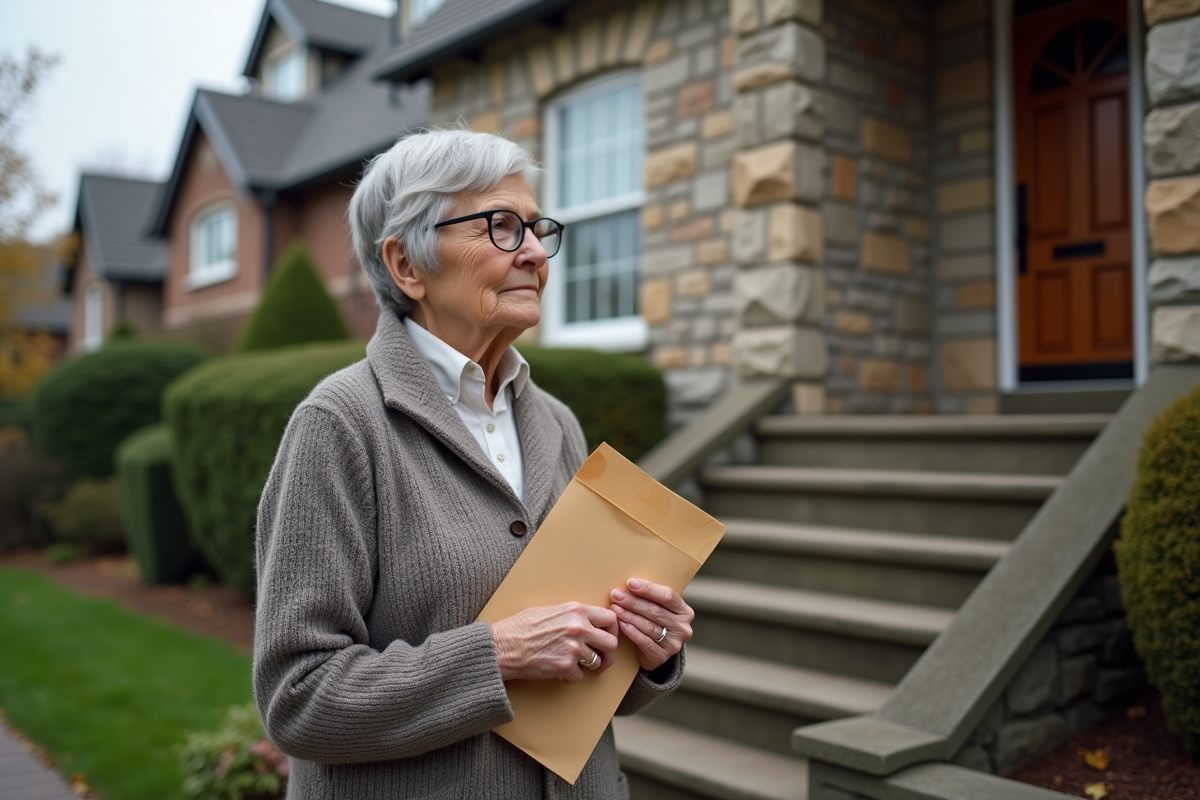 Femme âgée tenant un dossier devant une maison en pierre