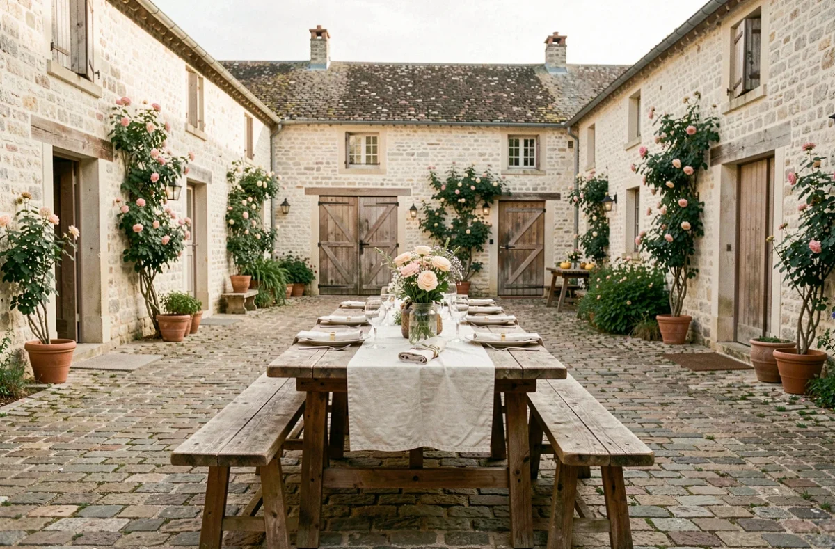 Cour de la Ferme du Parc en Essonne avec longue table dressée pour un dîner champêtre et murs en pierre blanchis