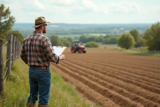 Fermeur français contemplant un champ cultivé