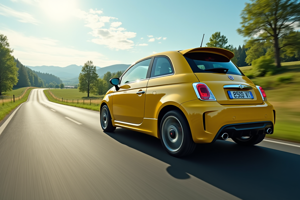 Fiat 500 en déplacement sur une route de campagne ensoleillée