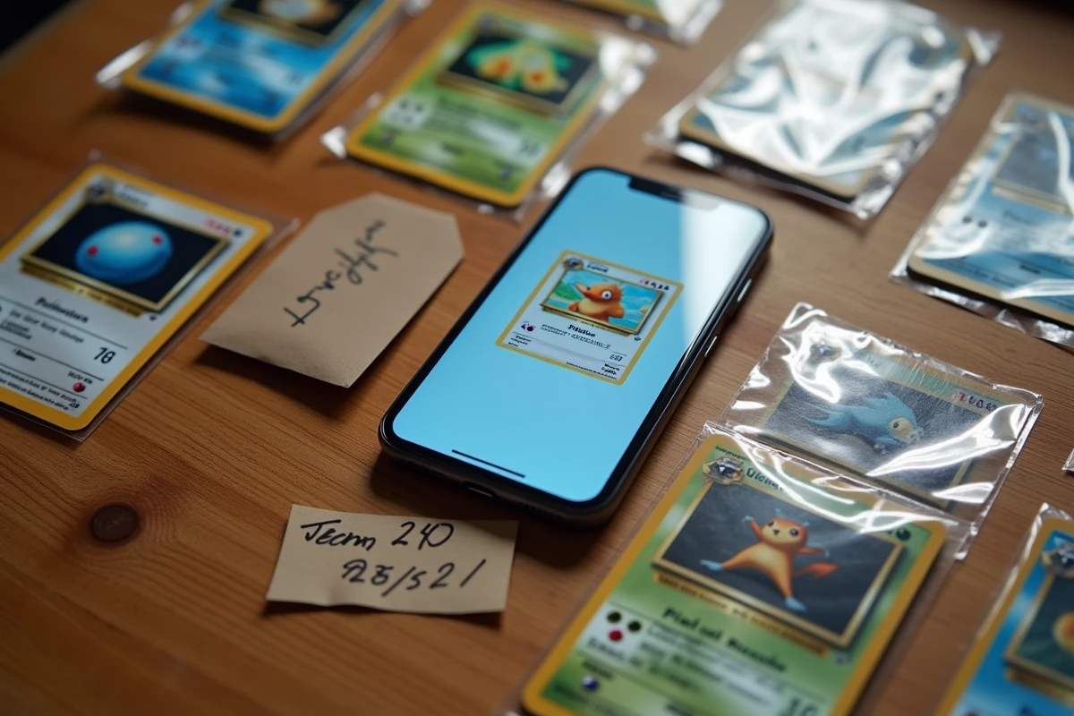 Vue de dessus d'une table avec des cartes Pokémon triées, un smartphone affichant l'outil Pokecardec et des étiquettes de prix pour un vide-grenier