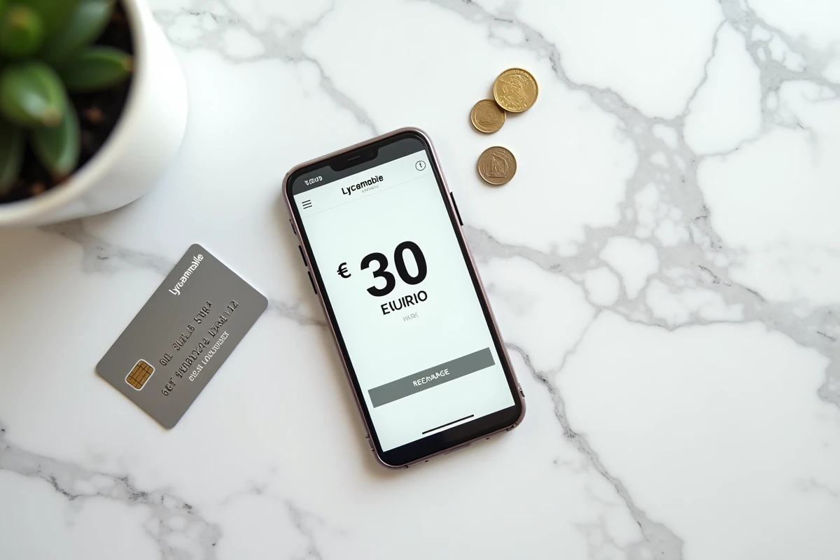 Vue de dessus d'un smartphone affichant une recharge Lycamobile 30 euros avec carte bancaire et pièces de monnaie sur marbre blanc