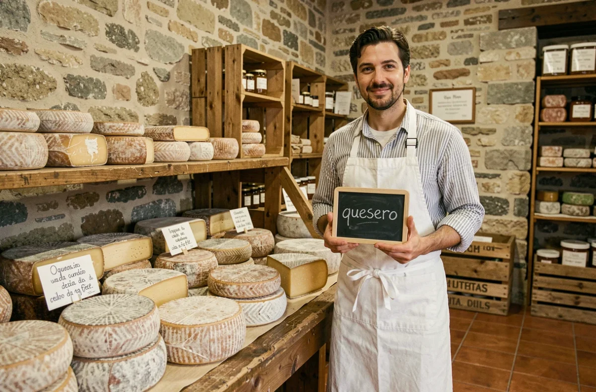 Fromager présentant des étiquettes en espagnol sur un étal de fromages artisanaux dans une fromagerie traditionnelle